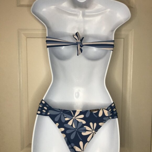 Rio de Sol Blue & Tan Striped Flower Bikini XS - Picture 5 of 7